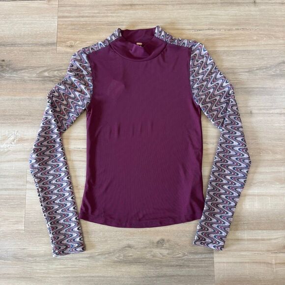 Free People Maroon Long Sleeve Sheer Womens Top Size Small Comfy Chic Luxury New - Picture 1 of 5